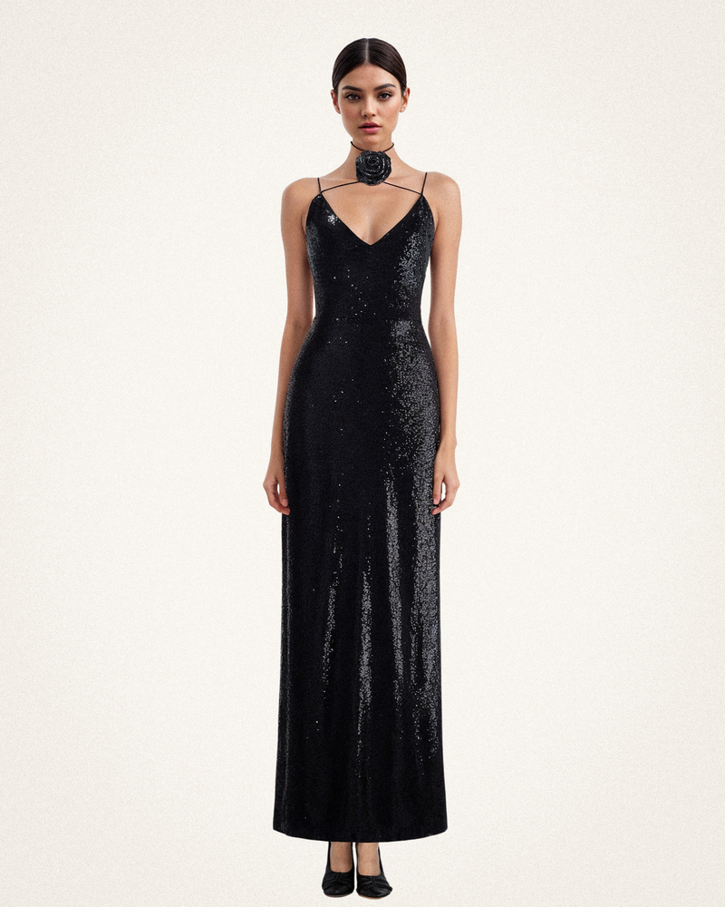 Heisey Black Sequinned Rosette Maxi Dress - Black