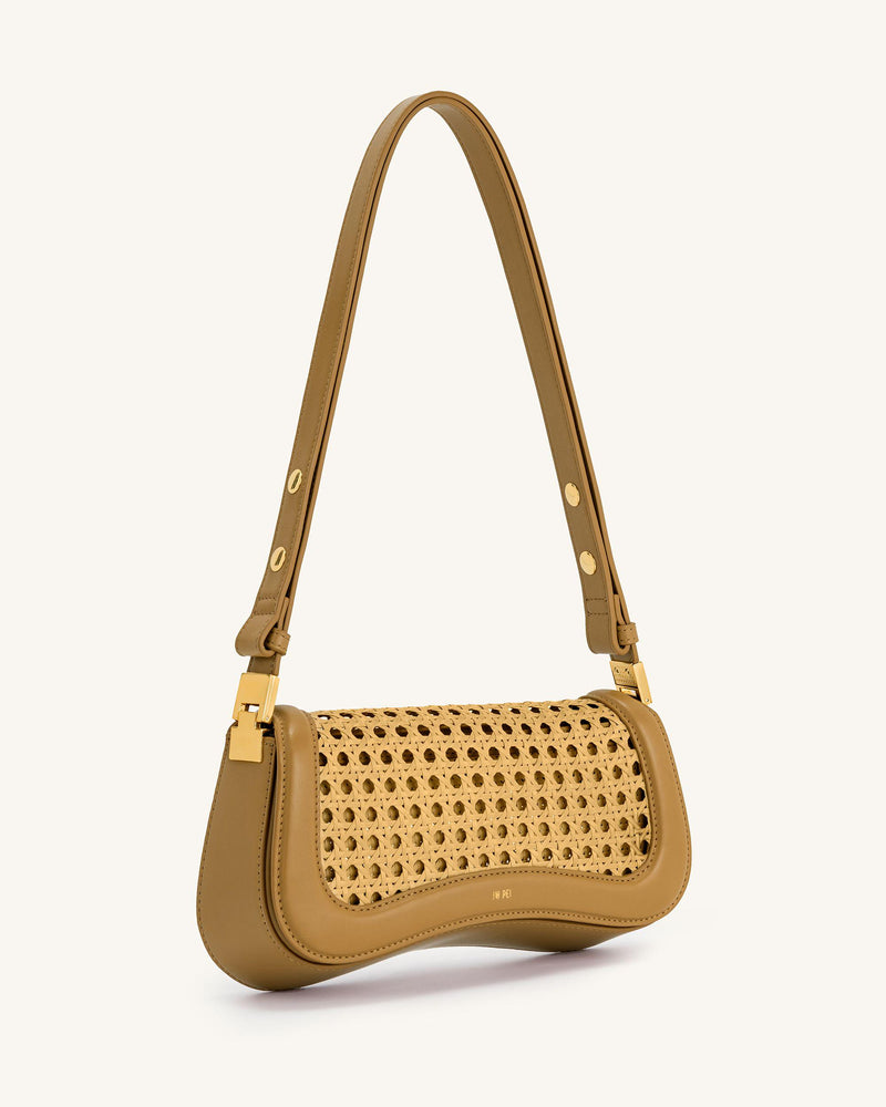 Joy Faux Bamboo Woven Shoulder Bag - Brown