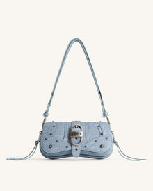 Joy Denim Embossed Curved Shoulder Bag - Blue