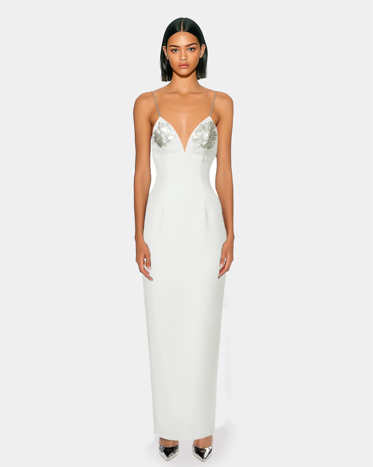 Ayliua Sweetheart-Neckline Rhinestones Embellished White Long Dress - White