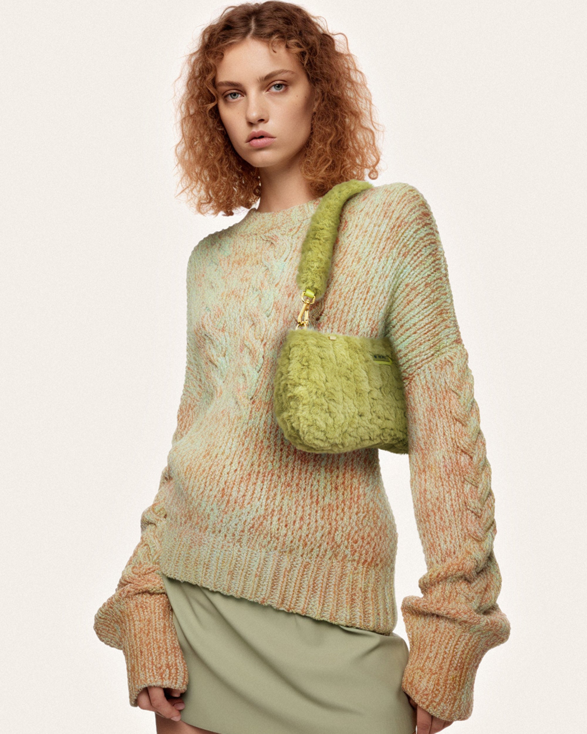 Eva Faux Fur Fabric Shoulder Bag - Pea Green - JW PEI