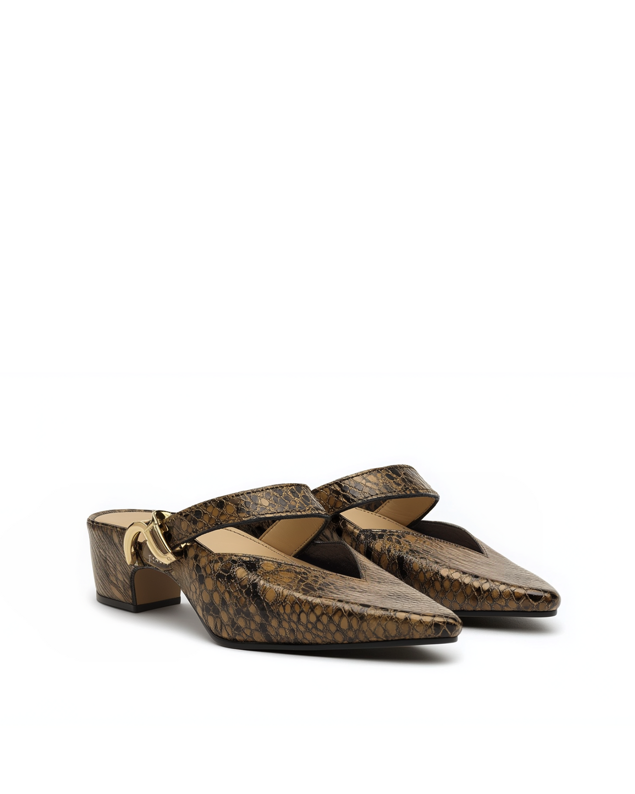 Ellie Snake-Embossed Mules - Brown