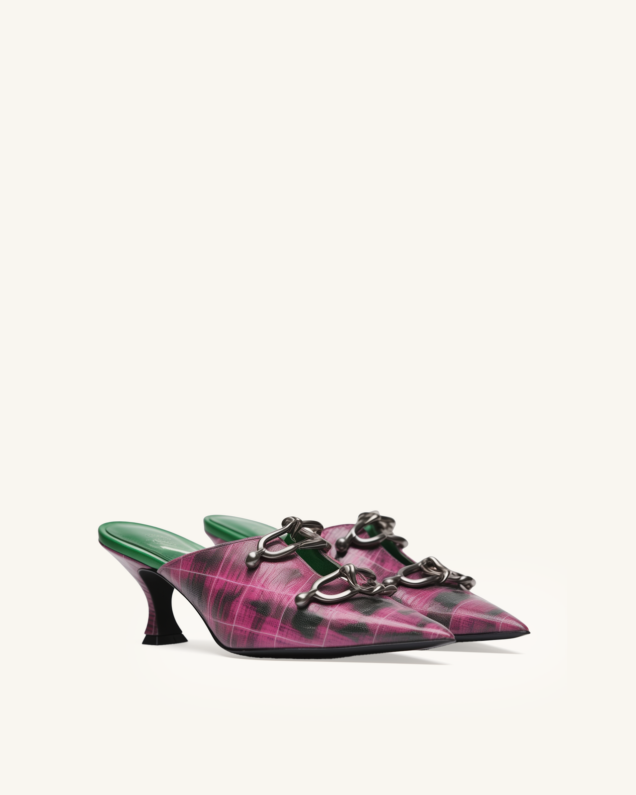 Paisley Plaid Print Buckled Mules - Multicolor