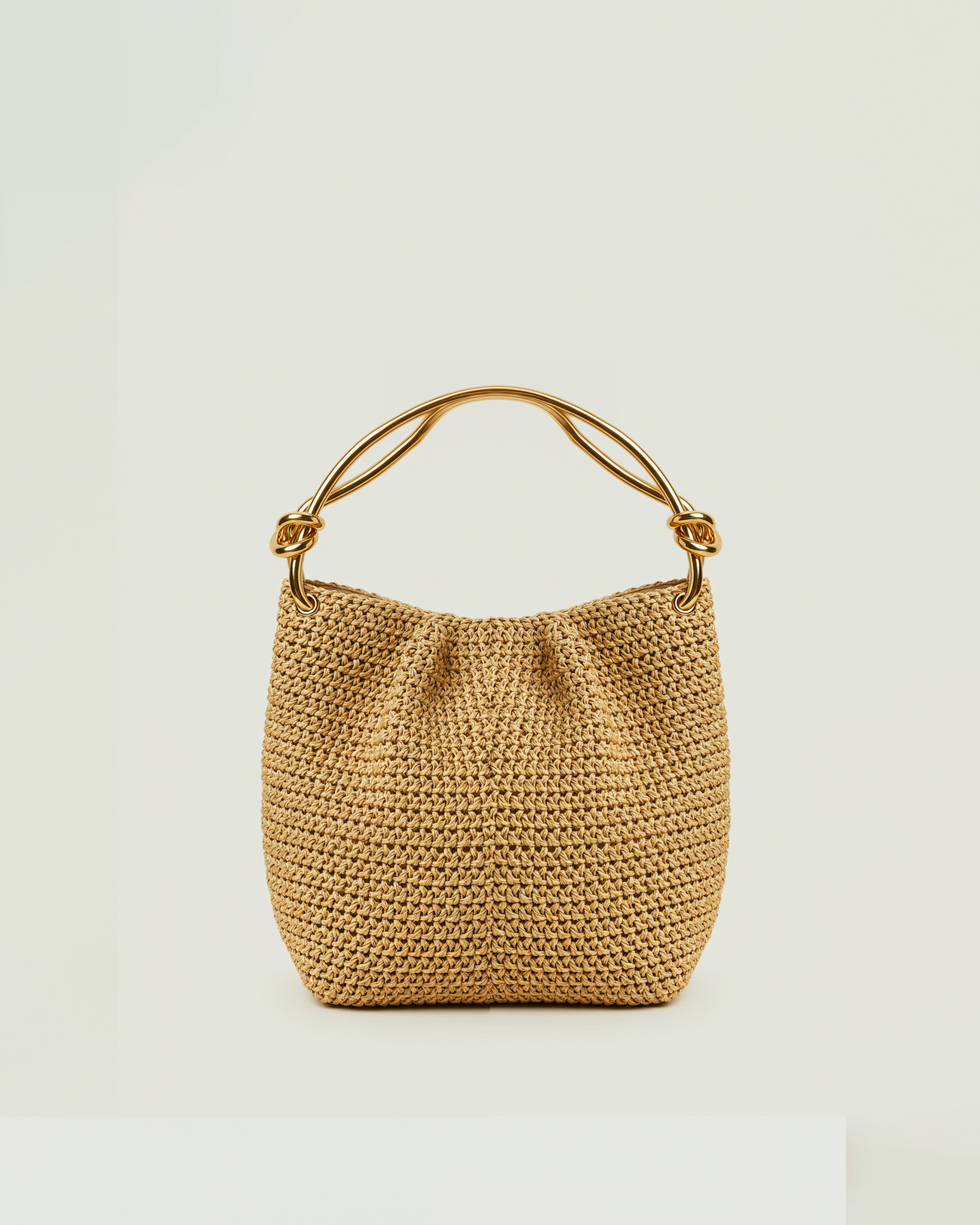 Charlotte Woven Bucket Bag with Gold Handles - Beige