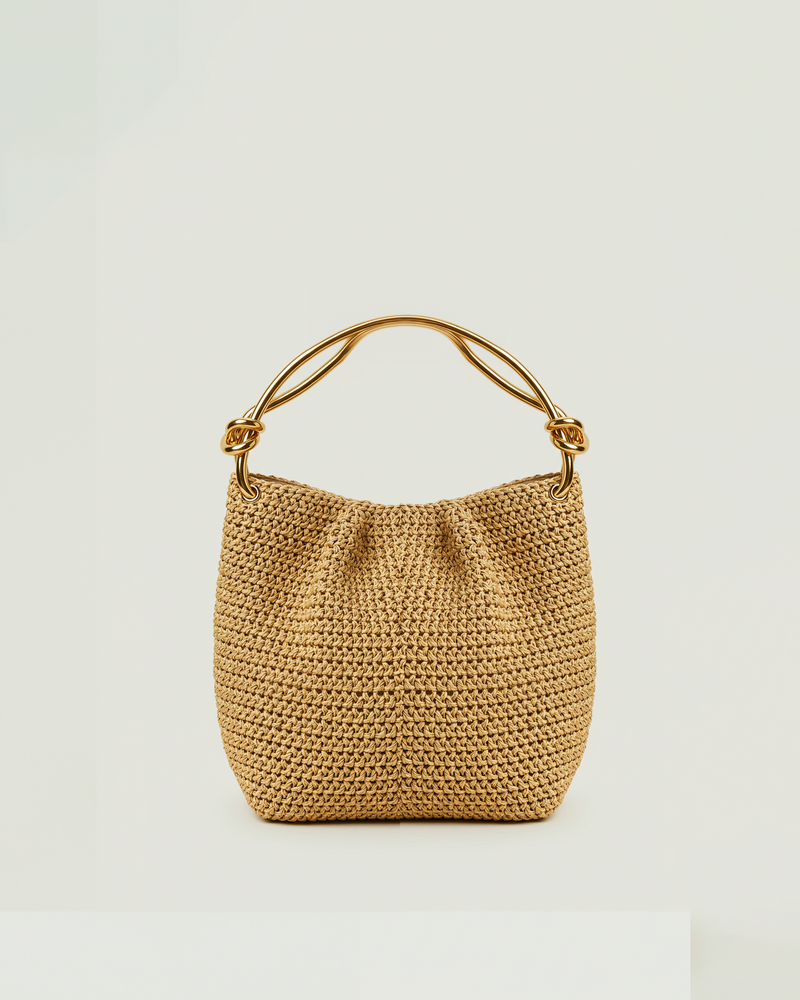 Charlotte Woven Bucket Bag with Gold Handles - Beige