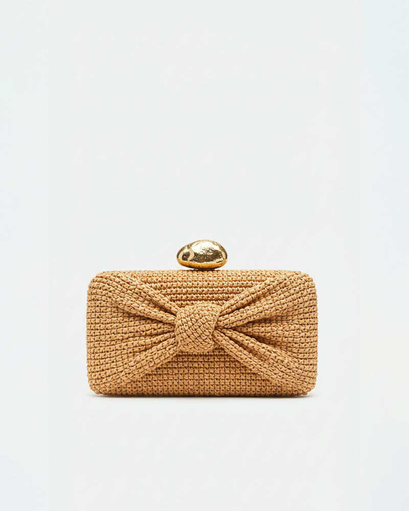 Layla Woven Clutch with Gold Clasp - Beige