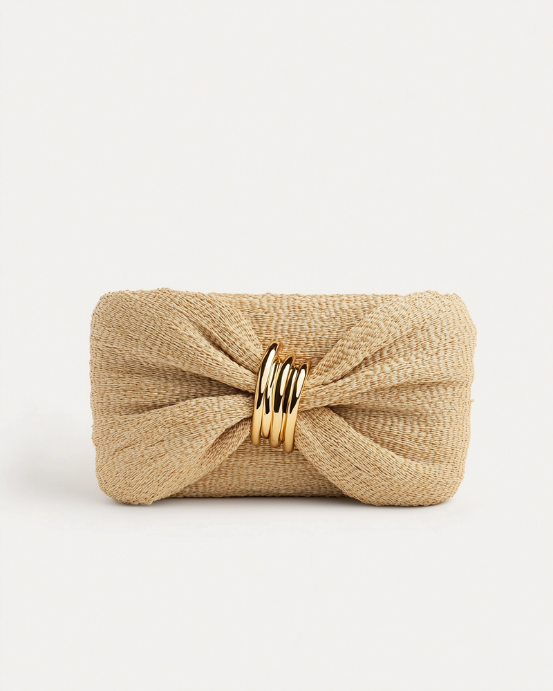 Madison Woven Clutch with Gold Ring - Beige