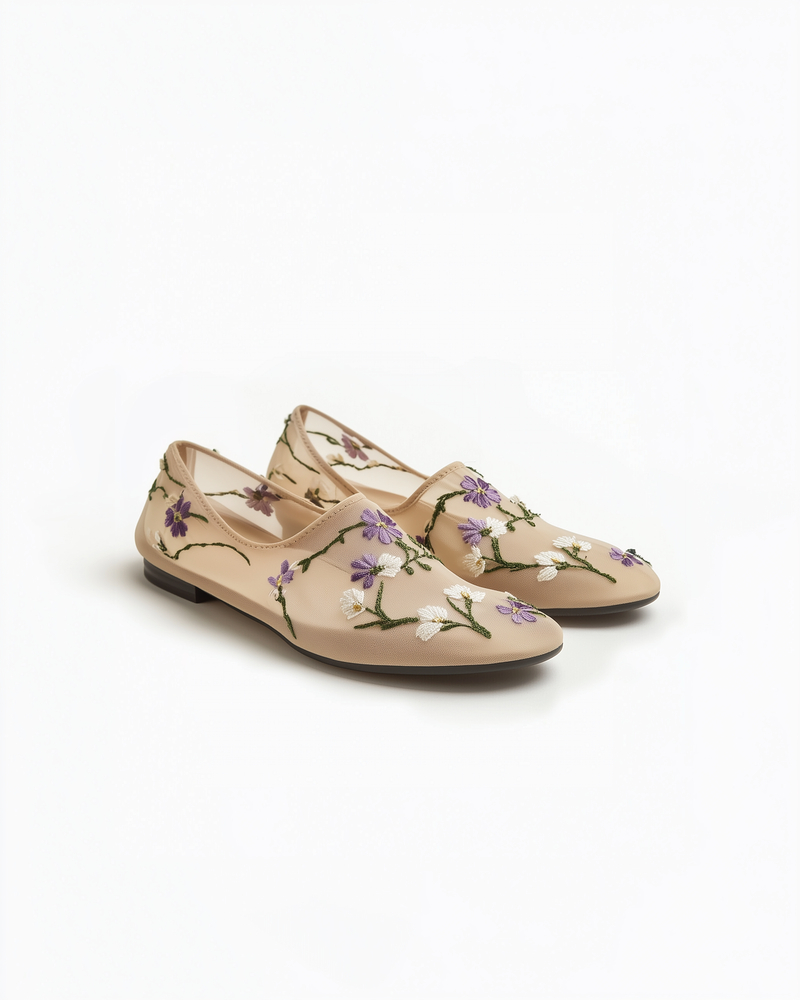 Sophie Mesh Embroidered Floral Ballet Flats - Beige