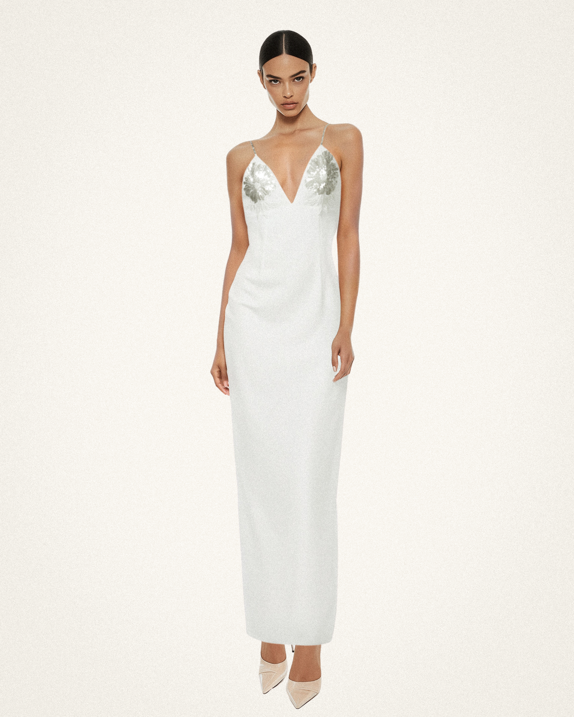 Ayliua Sweetheart-Neckline Rhinestones Embellished White Long Dress - White