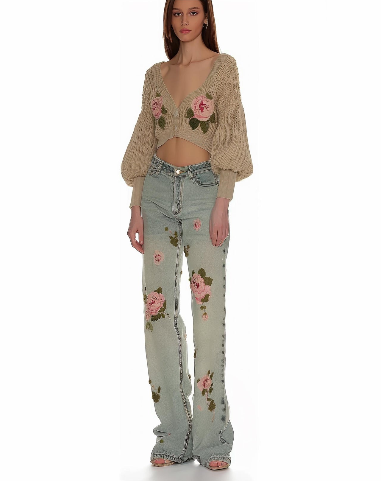 Ava Floral Knit Cropped Cardigan - Beige