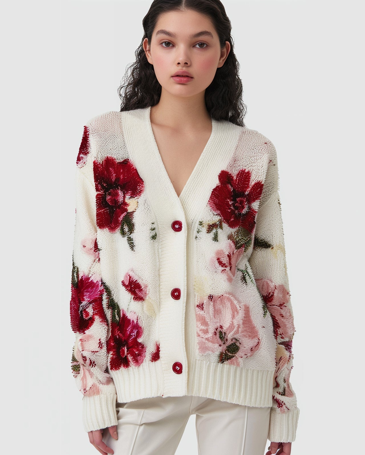 Emily Floral Knit Cardigan - Ivory