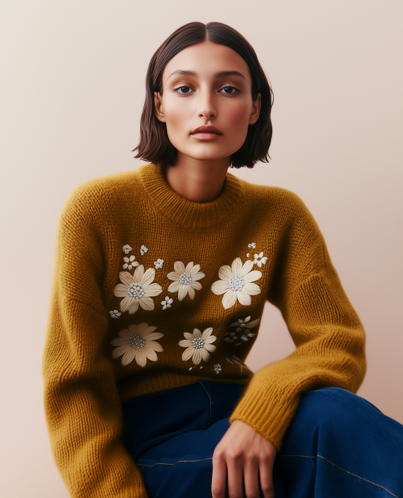 Piper Floral Embroidered Sweater - Mustard