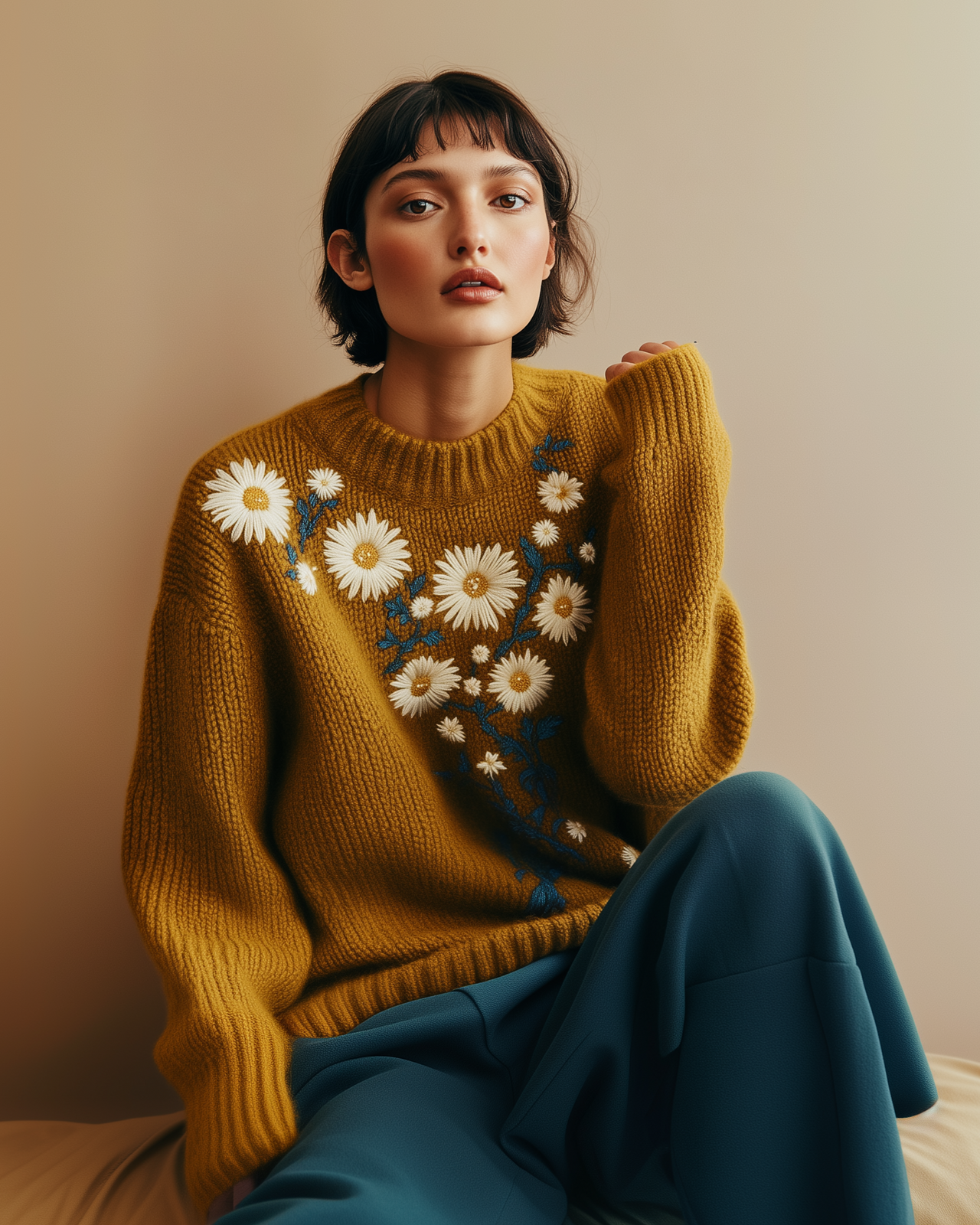 Naomi Daisy Embroidered Knit Sweater - Mustard