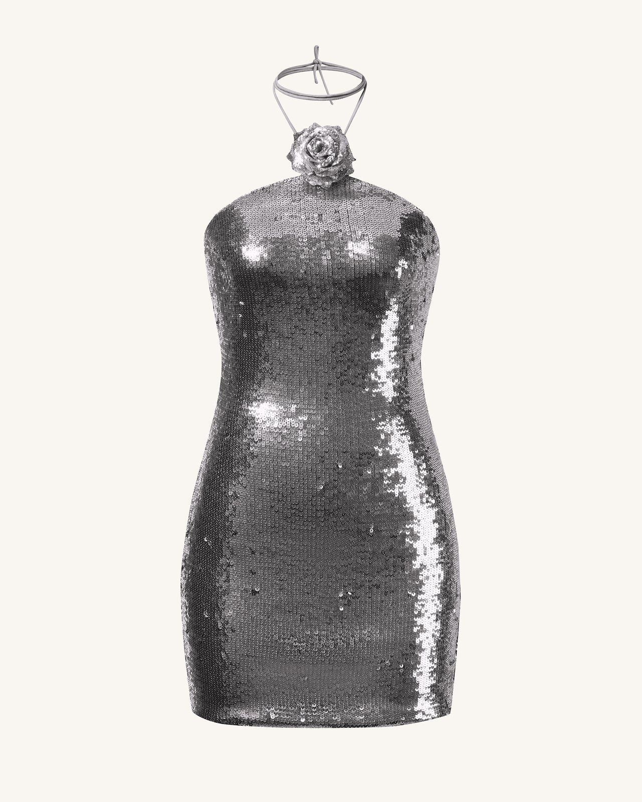 Burgundy Silver Sequinned Halter Mini Dress - Silver