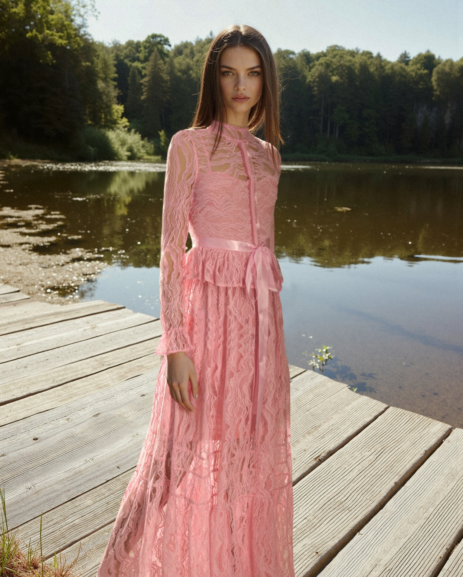 Romantic Lace Long Dress - Pink