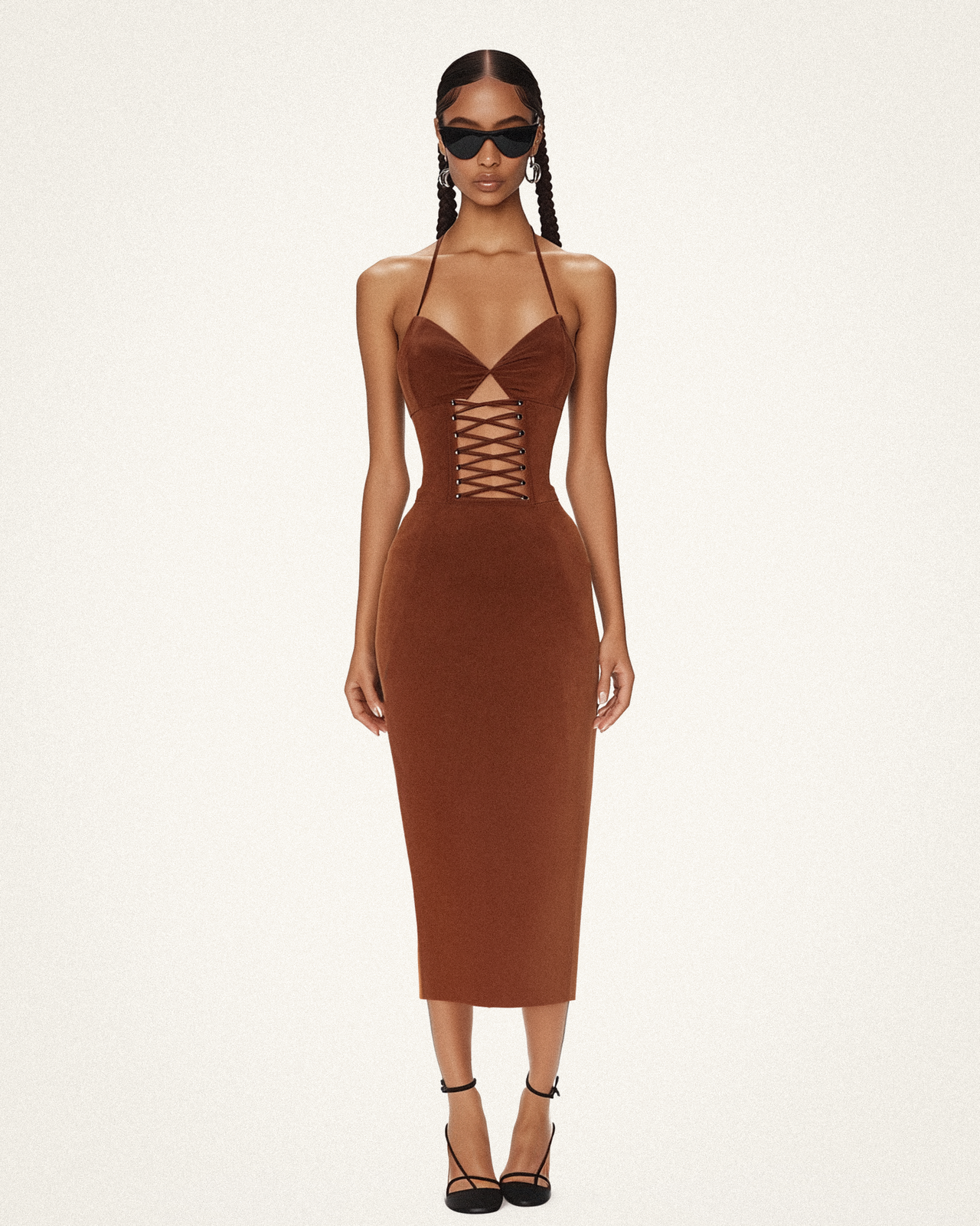 Madison Lace-Up Midi Dress - Brown