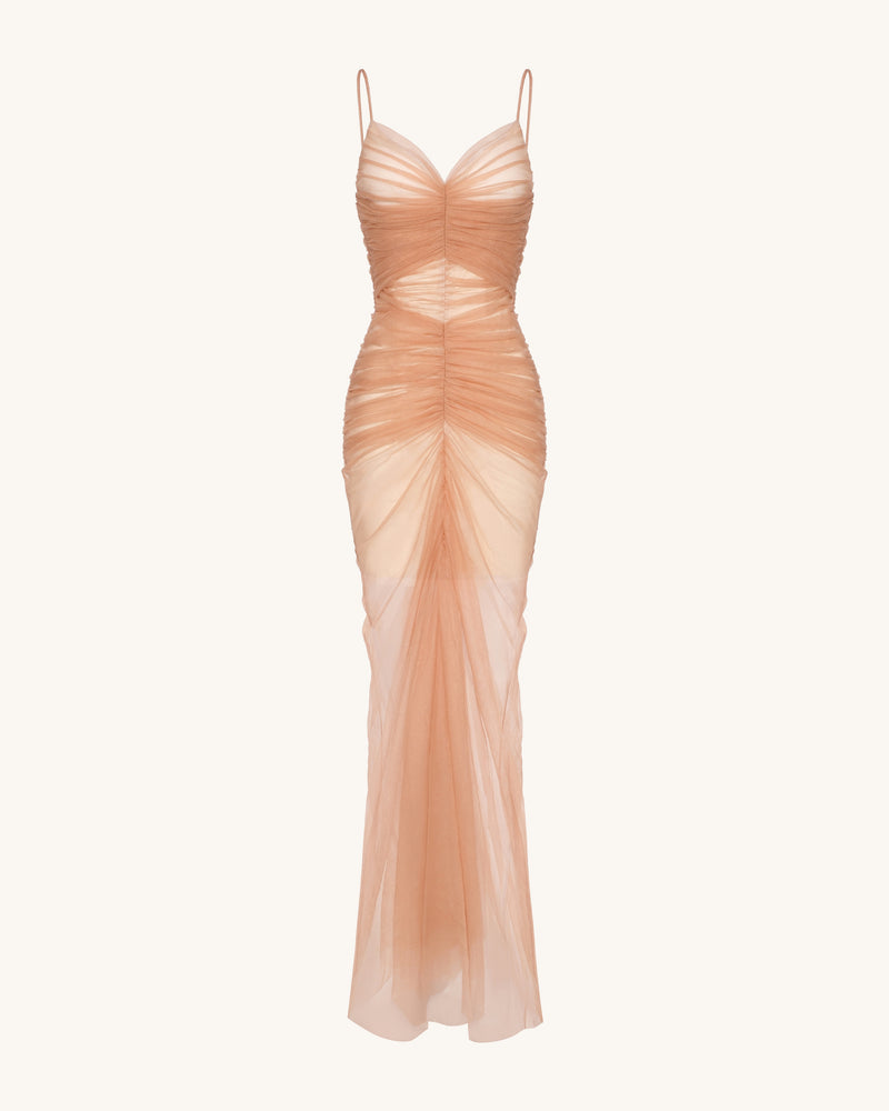 Piper Draped Mesh Evening Gown - Cinnamon