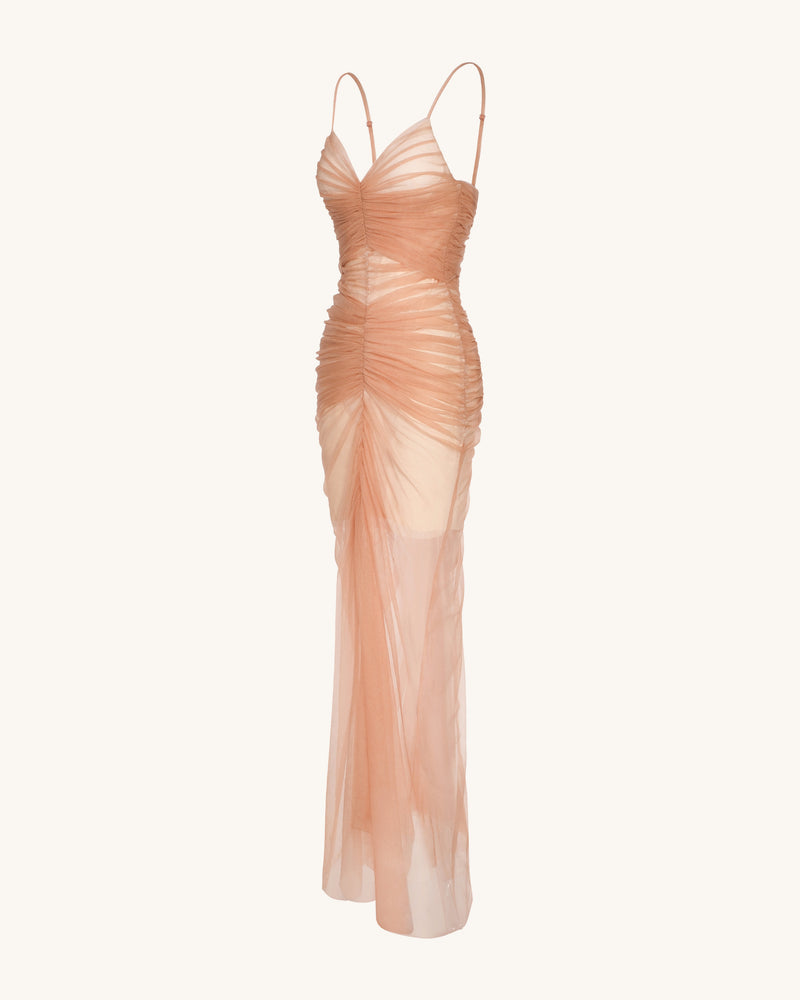 Piper Draped Mesh Evening Gown - Cinnamon