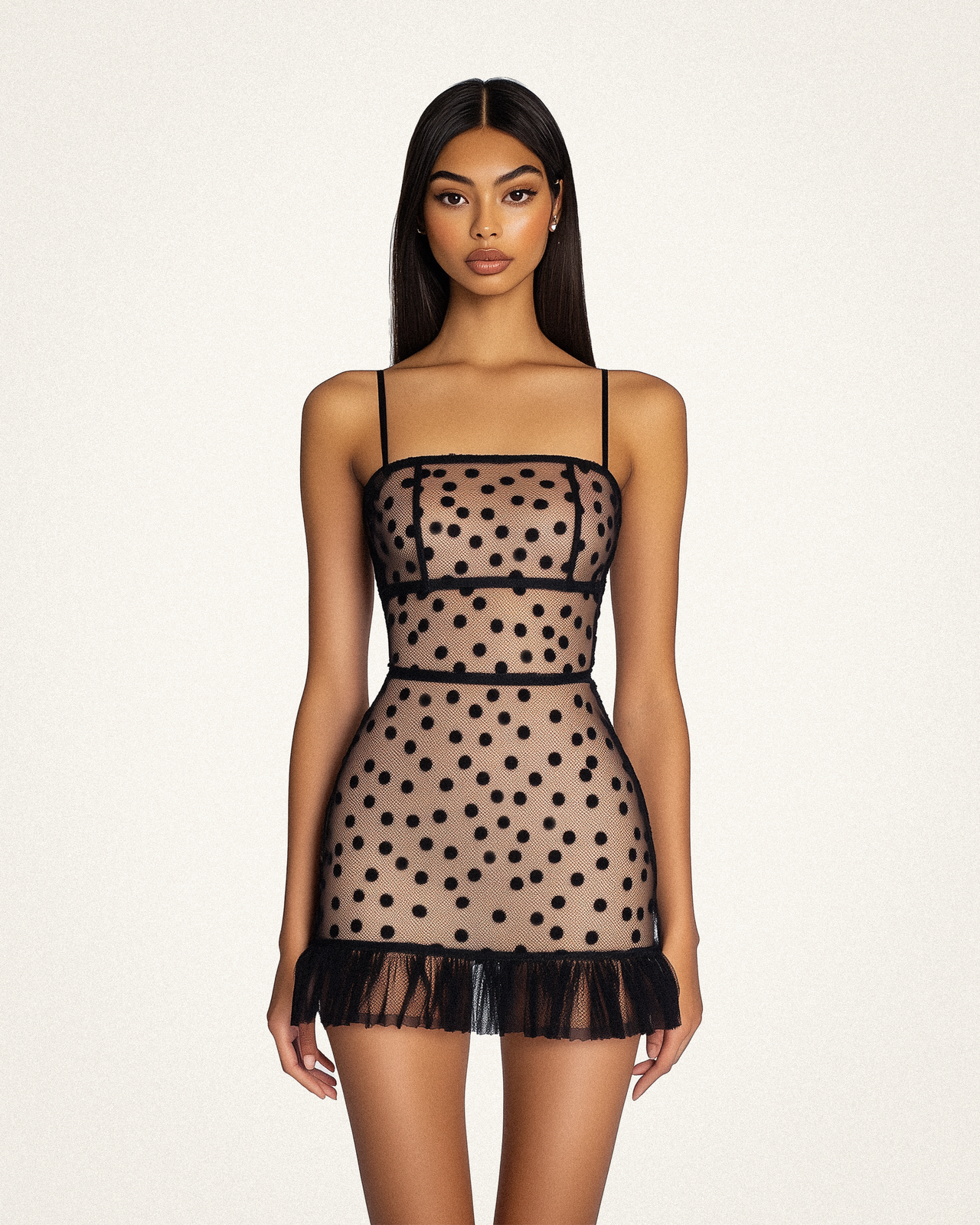 Arianna Lace Hem Polka Dot Dress - Black