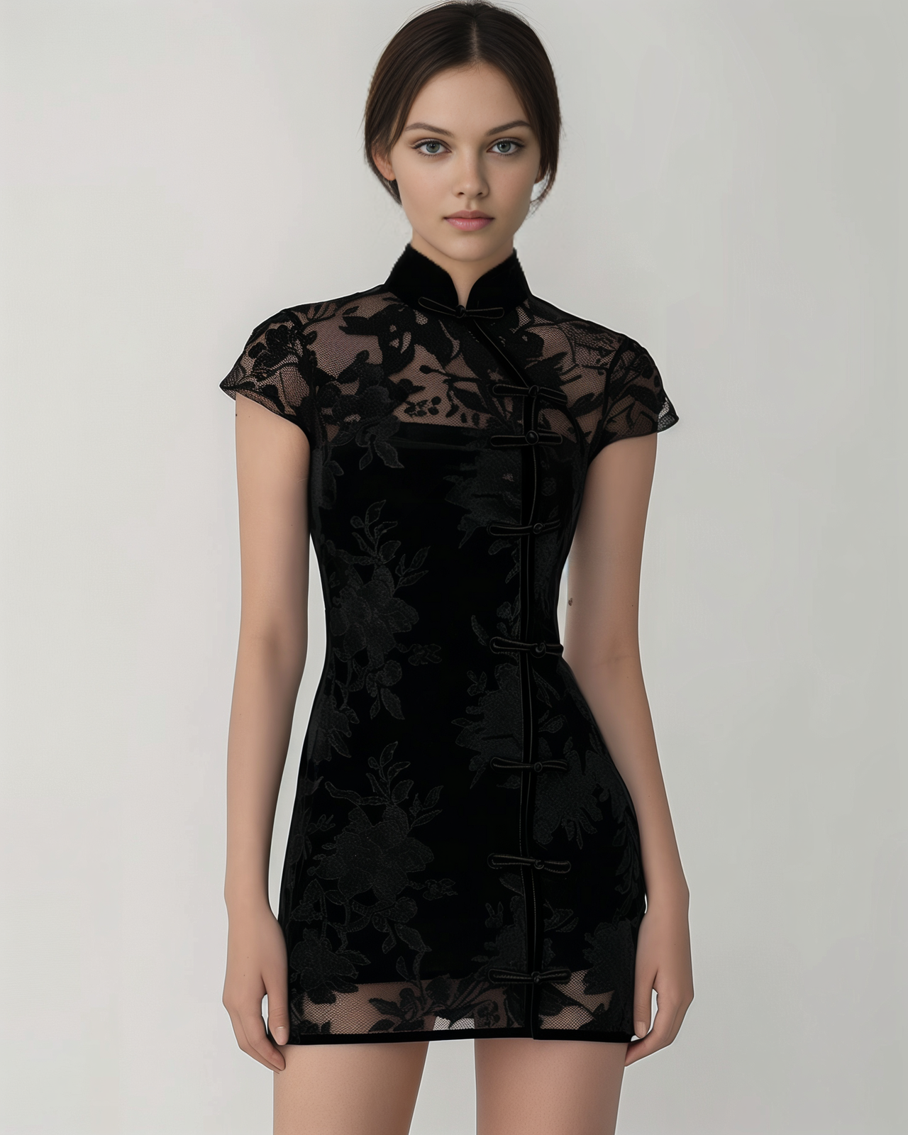 Hannah Elegant Lace Mandarin Collar Dress - Black