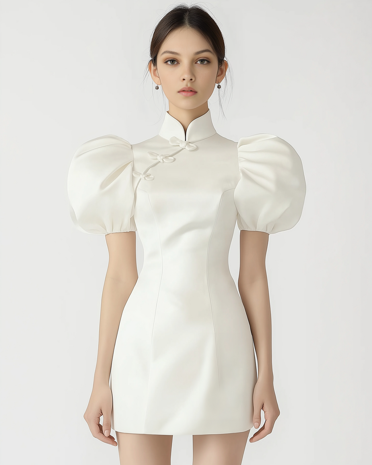 Olivia Puff Sleeve Mandarin Collar Dress - Ivory