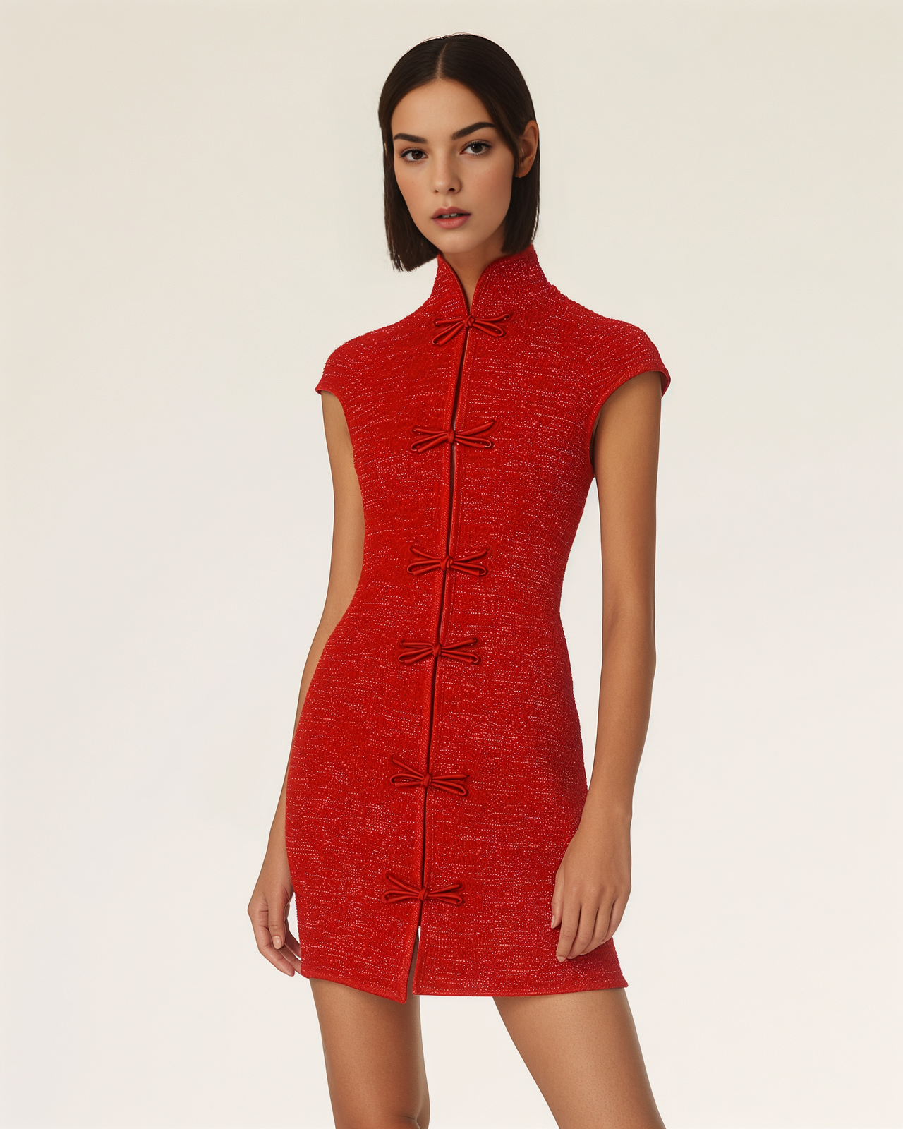 Amara Classic Tweed Mandarin Collar Dress - Red