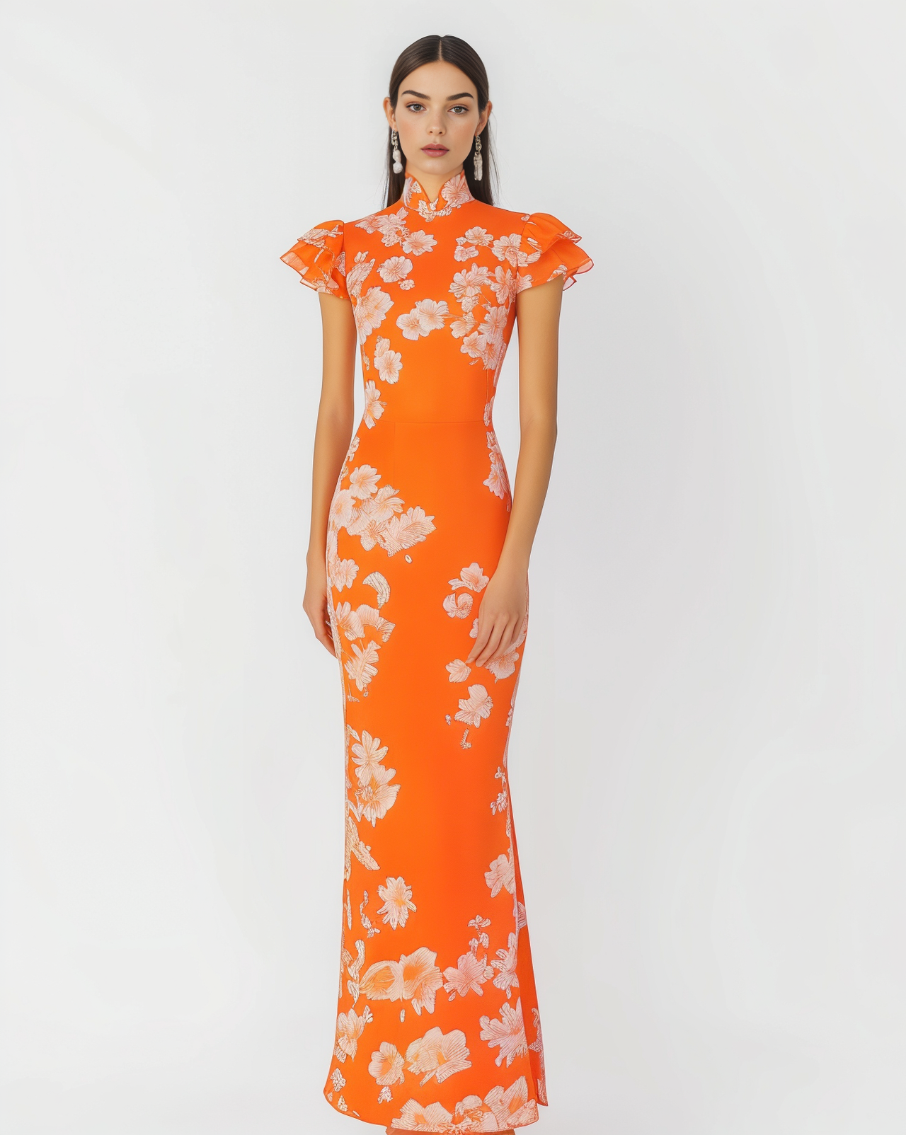 Stella Floral Print Qipao Dress - Orange