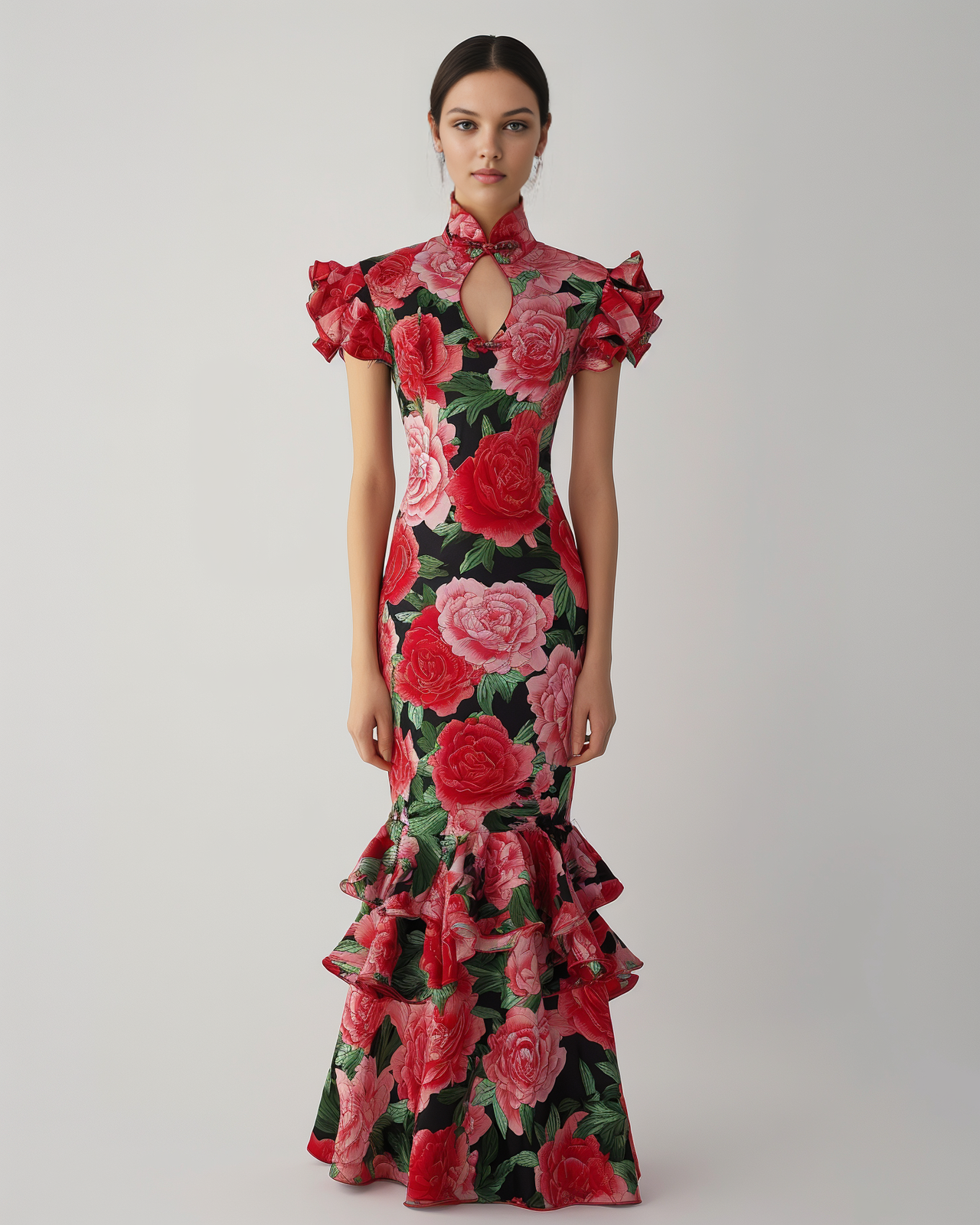 Adeline Ruffled Floral Qipao Gown - Multicolor