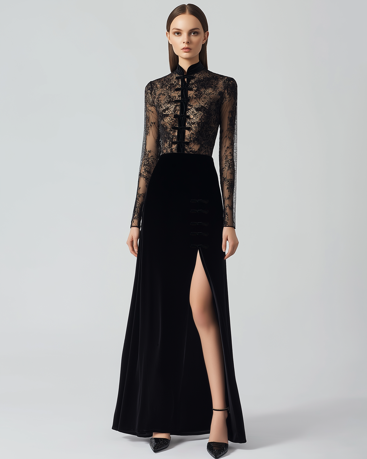 Skylar Lace and Velvet Qipao Gown - Black