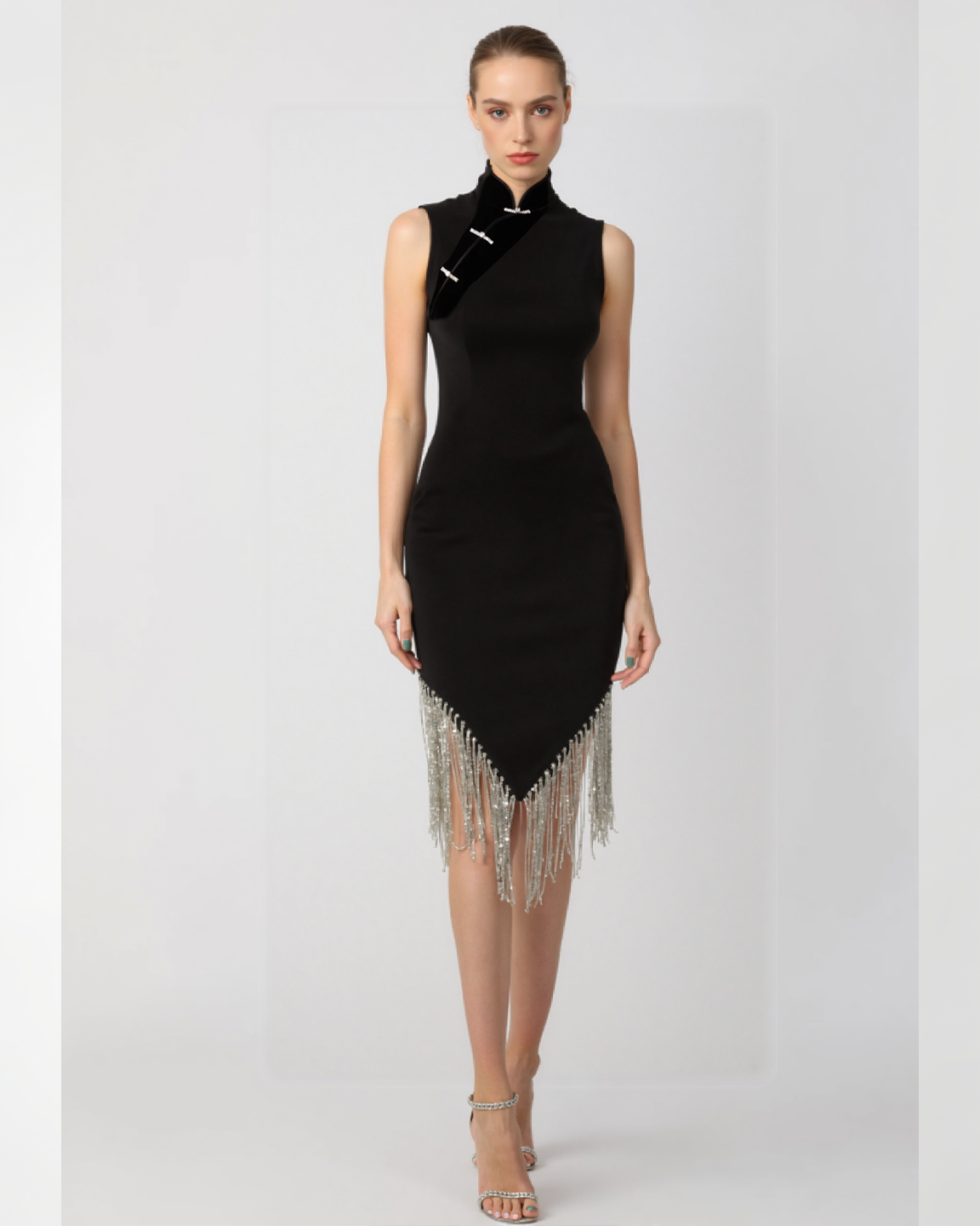 Stella Fringe Embellished Mandarin Collar Dress<br>Black