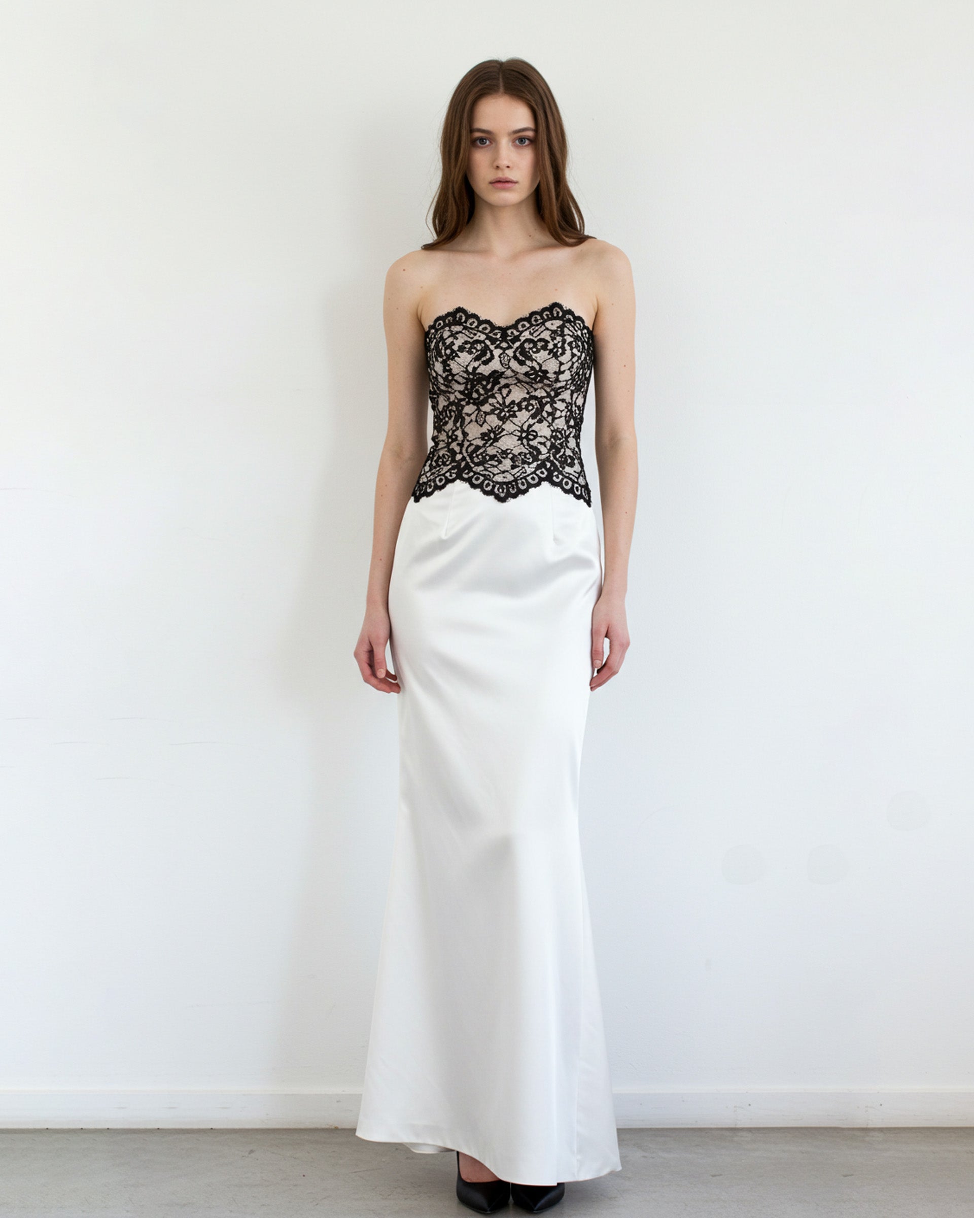 Lace and Satin Long Dress - Ivory/Black