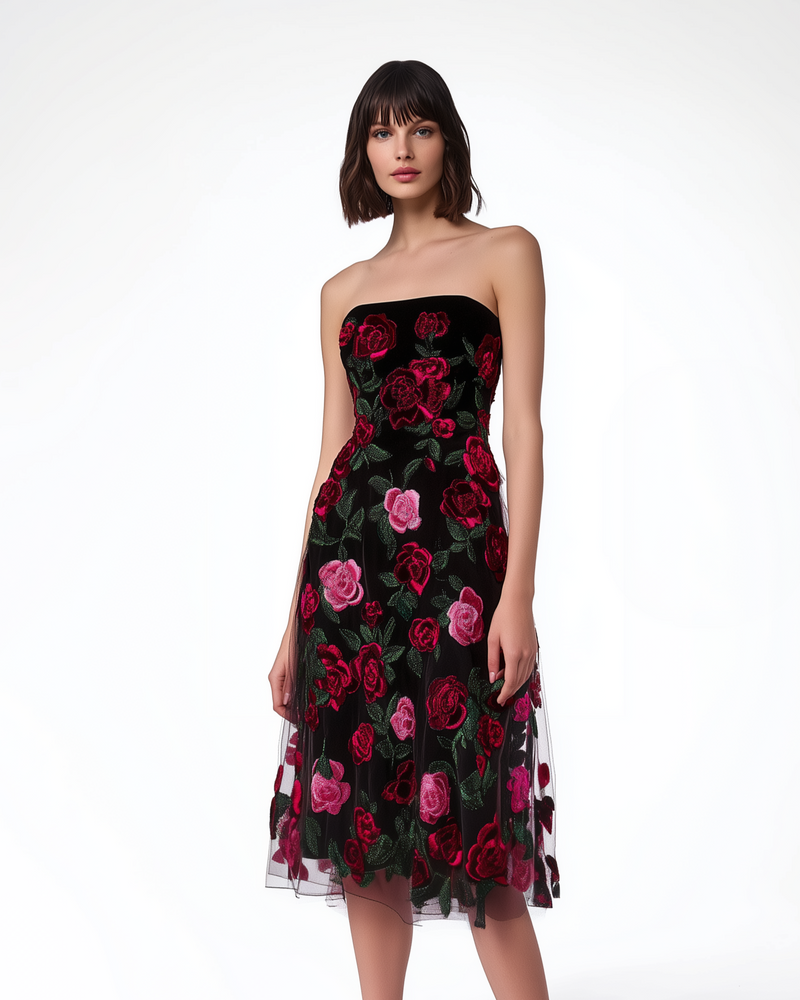 Floral Embroidered Dress - Black/Red