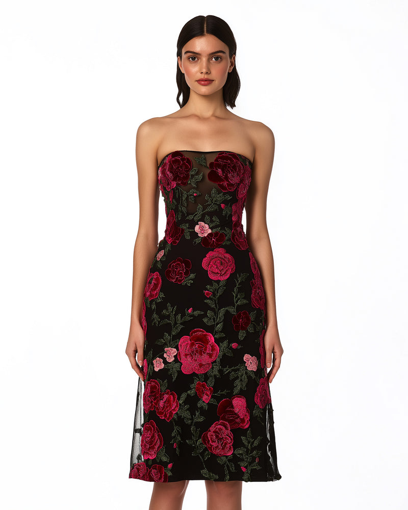 Floral Embroidered Dress - Black/Red