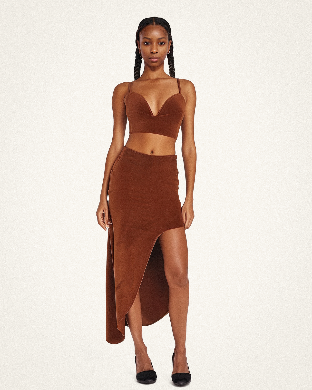 Adeline Two-Piece Crop Top & Asymmetrical Skirt Set - Brown