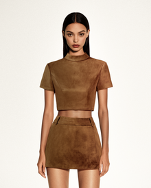 Grace Faux Suede Crop Top and Mini Skirt Set - Camel