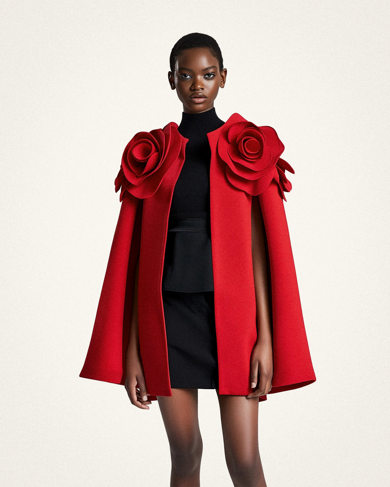 Clara Floral Applique Cape Coat - Red