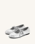 Erika Topstitching lace-up ballet Flats- Silver