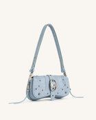 Joy Denim Embossed Curved Shoulder Bag - Blue