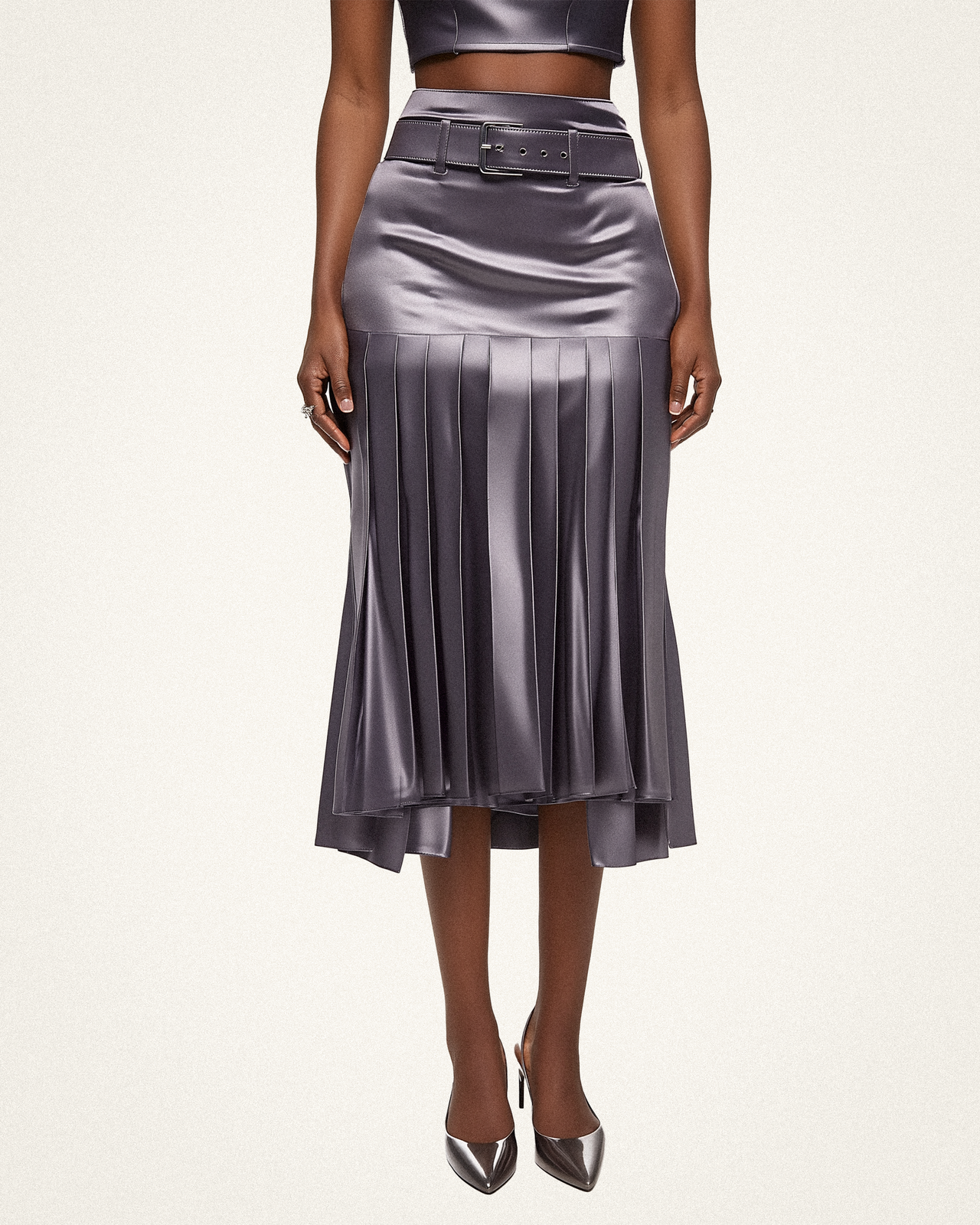 Sophie Pleated Midi Skirt with Belt - Silver