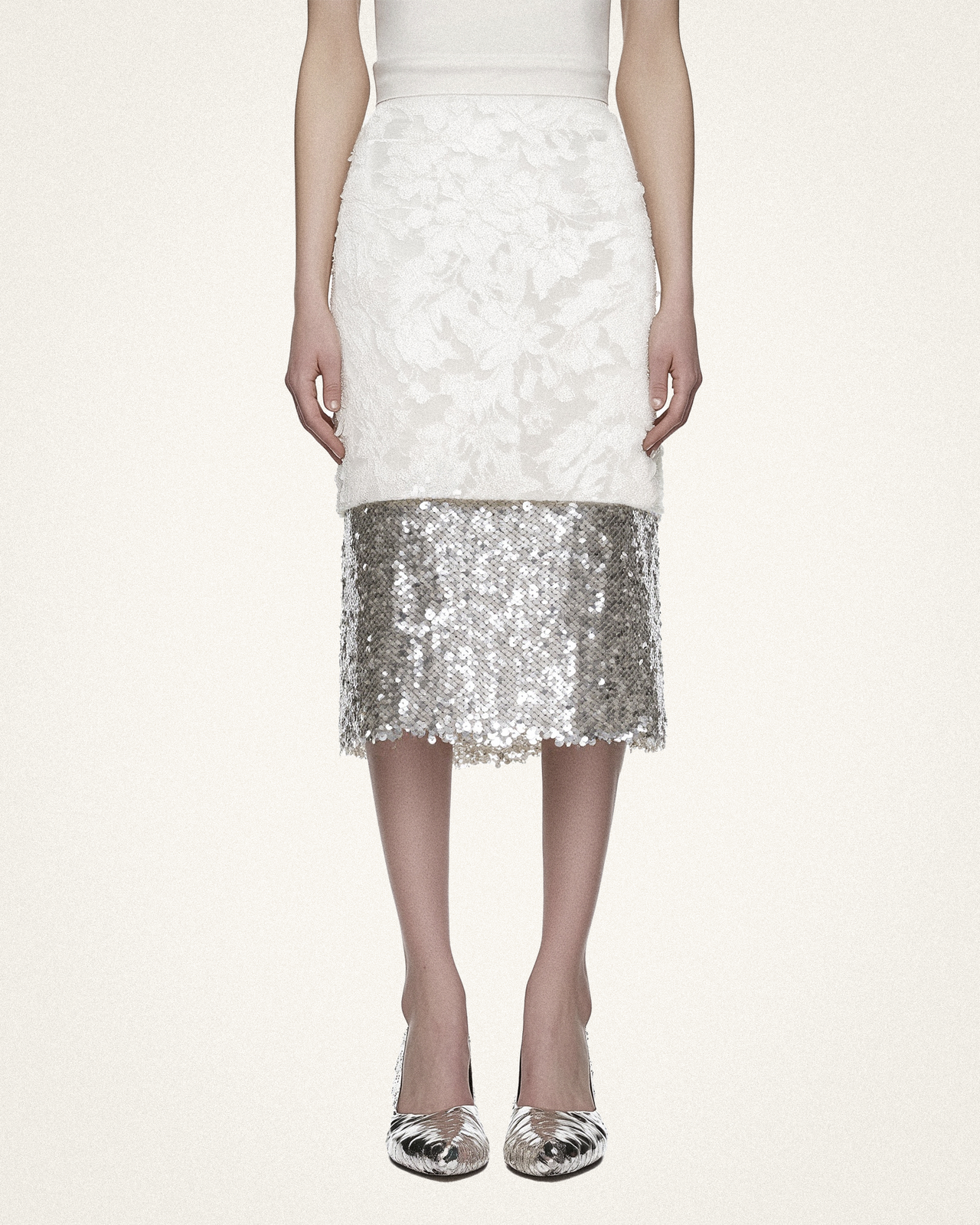 Violet Lace and Sequin Midi Skirt - White/Silver