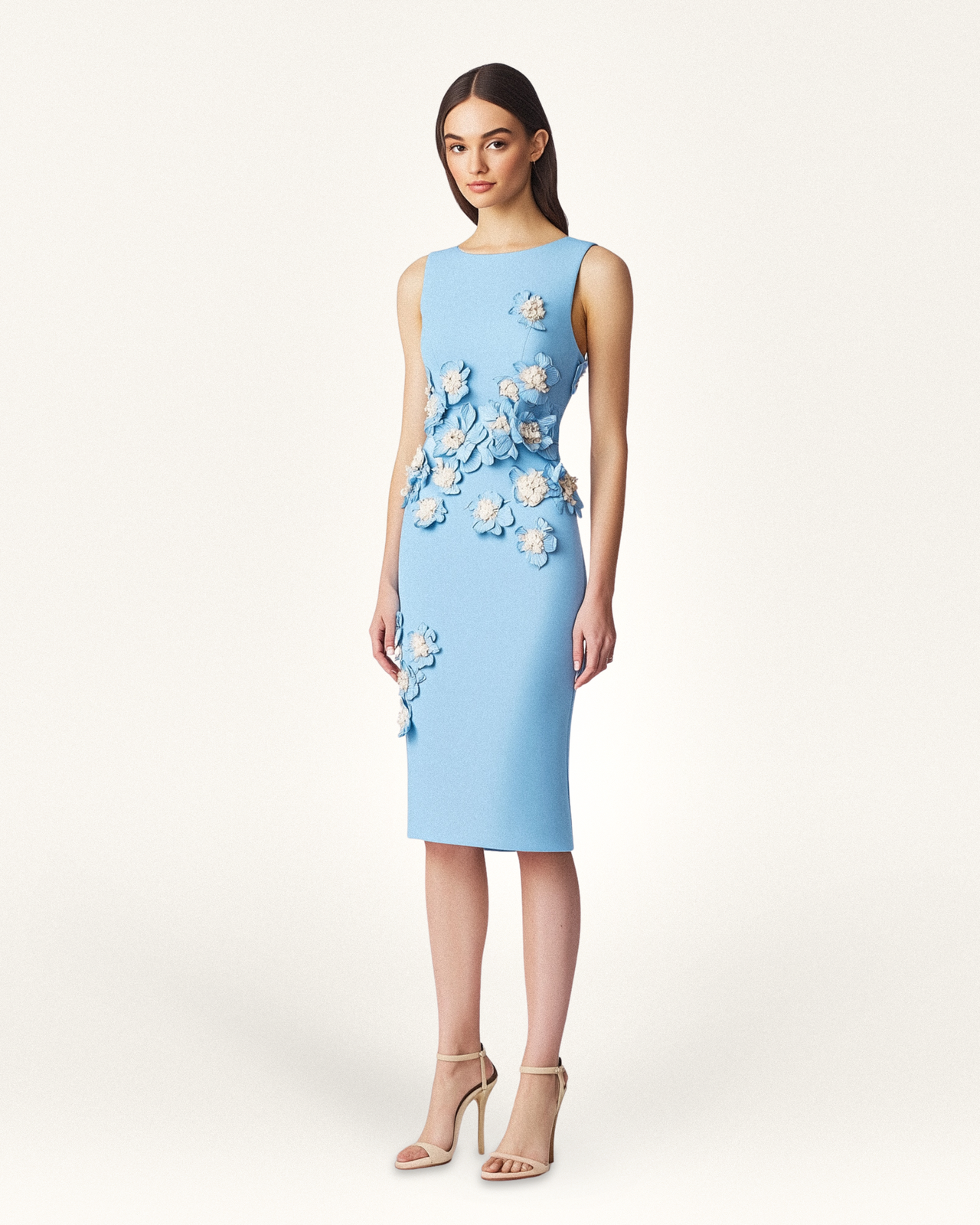 Aubrey Floral Embellished Midi Dress - Light Blue