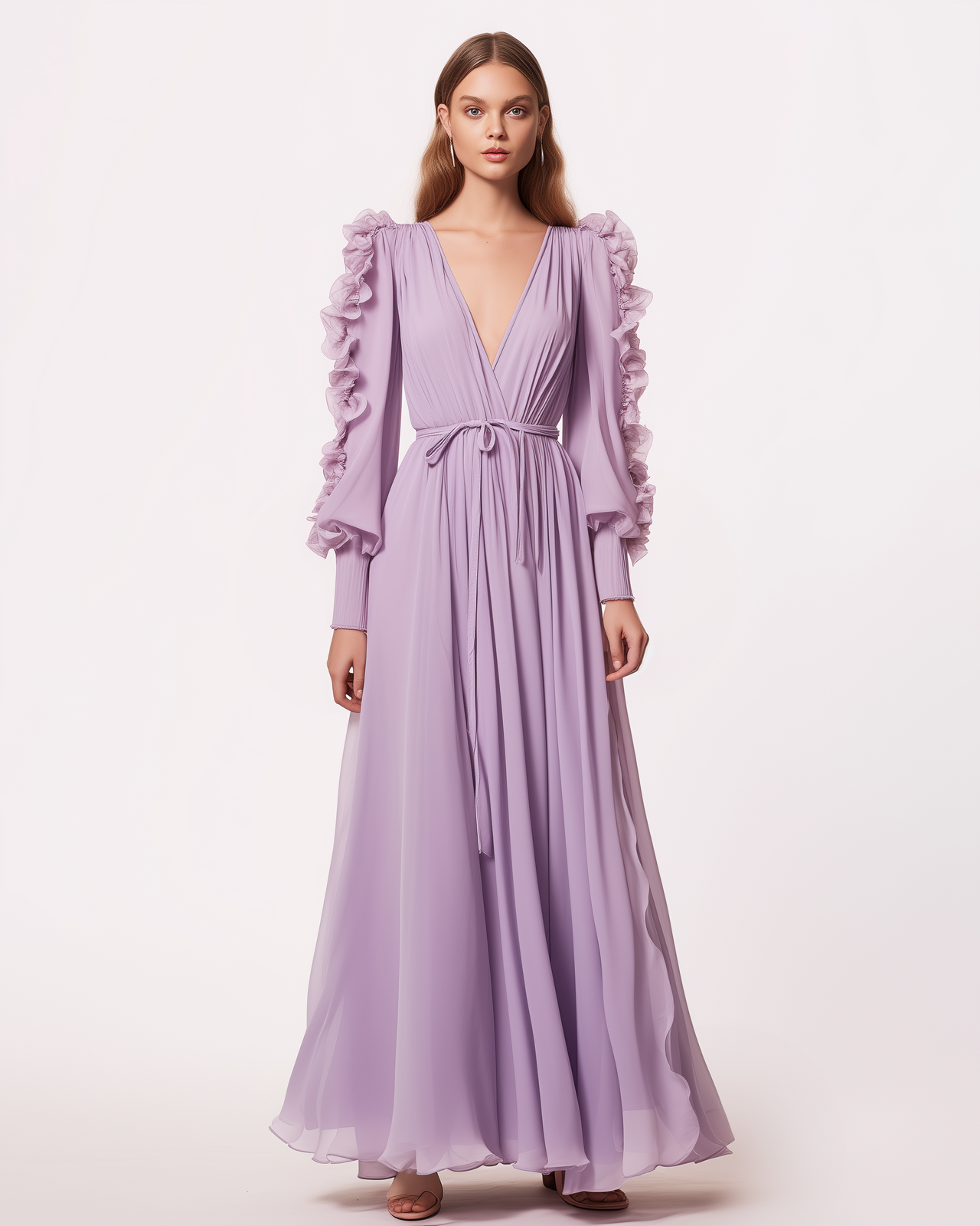 Hitomi Long-Sleeve Pleated Maxi Dress – Lavender