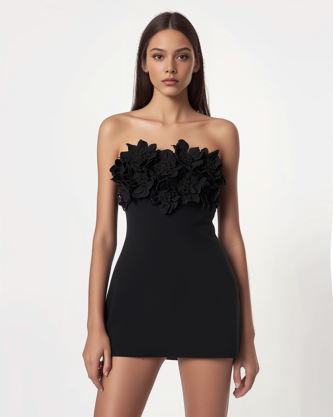 Julia Strapless Floral Embellished Tube Dress – Black