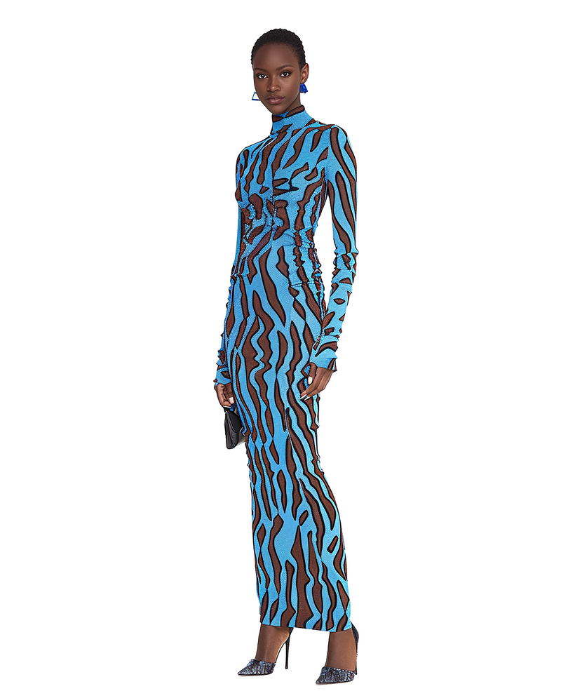 Maya Zebra Print Long Sleeve Dress - Blue