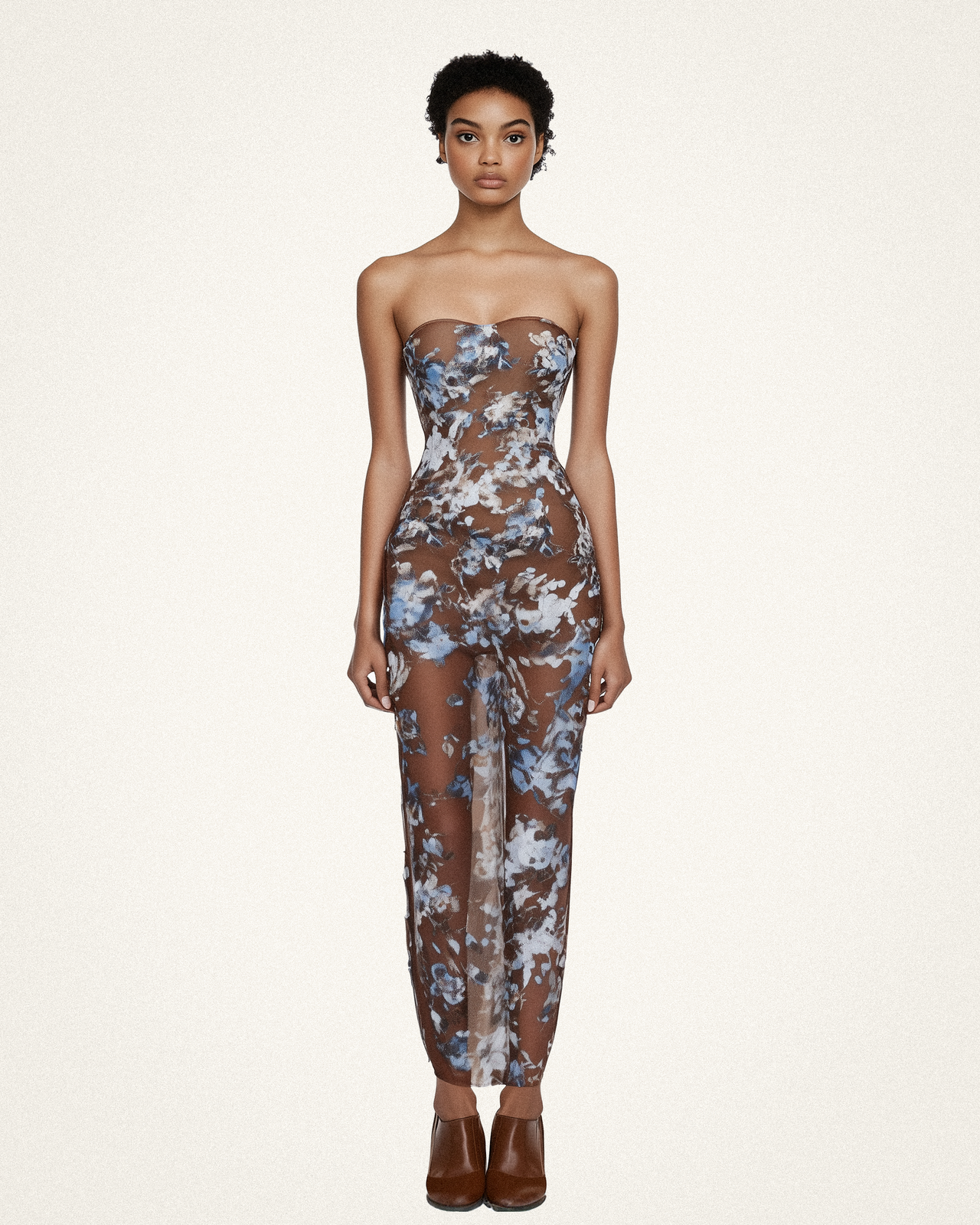 Emilia Floral Mesh Tube Dress - Brown Blue