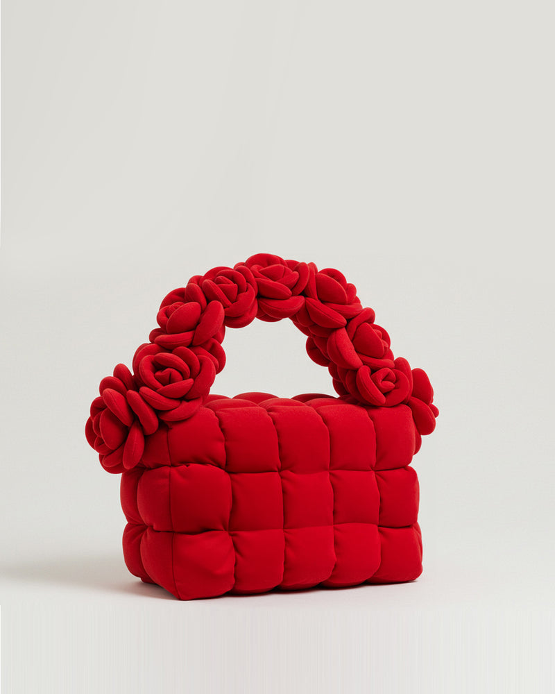 Ariana Padded Cube Bag with Rose Handle - Red