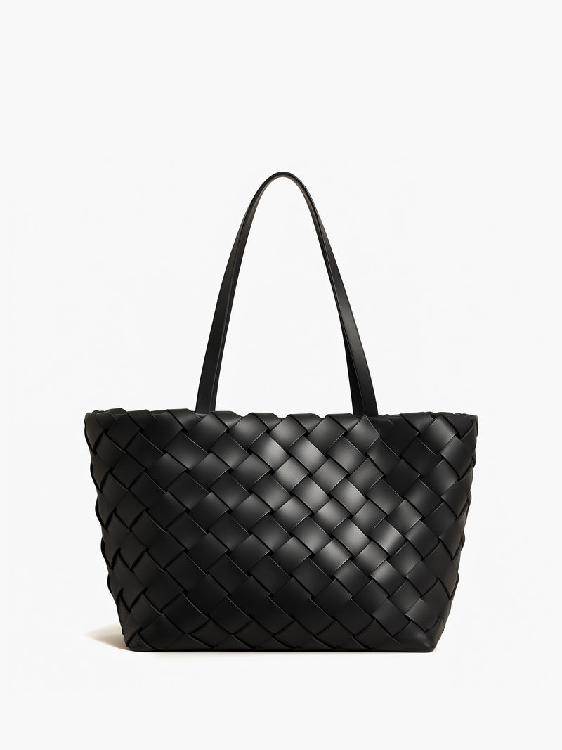 Elena Woven Leather Tote Bag - Black