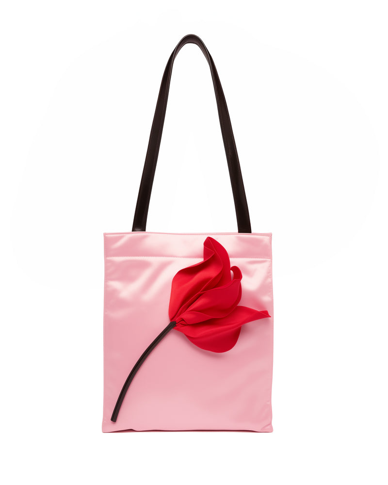 Caroline Satin Tote Bag with Rose - Pink