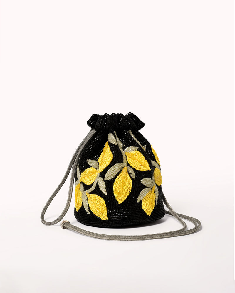 Ella Lemon Beaded Bucket Bag - Black/Yellow