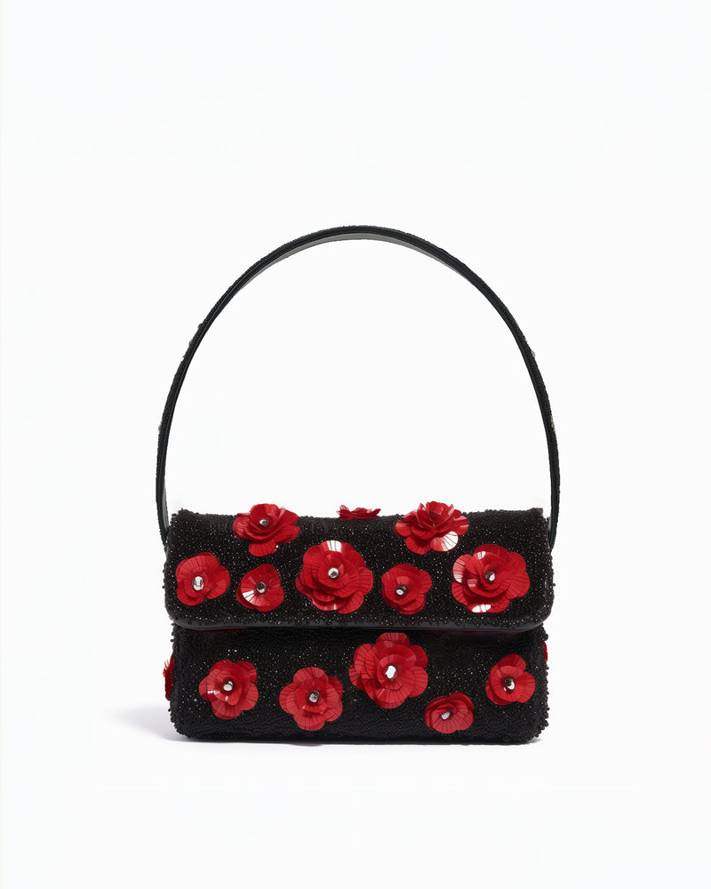 Scarlett Flower Beaded Shoulder Bag - Black/Red